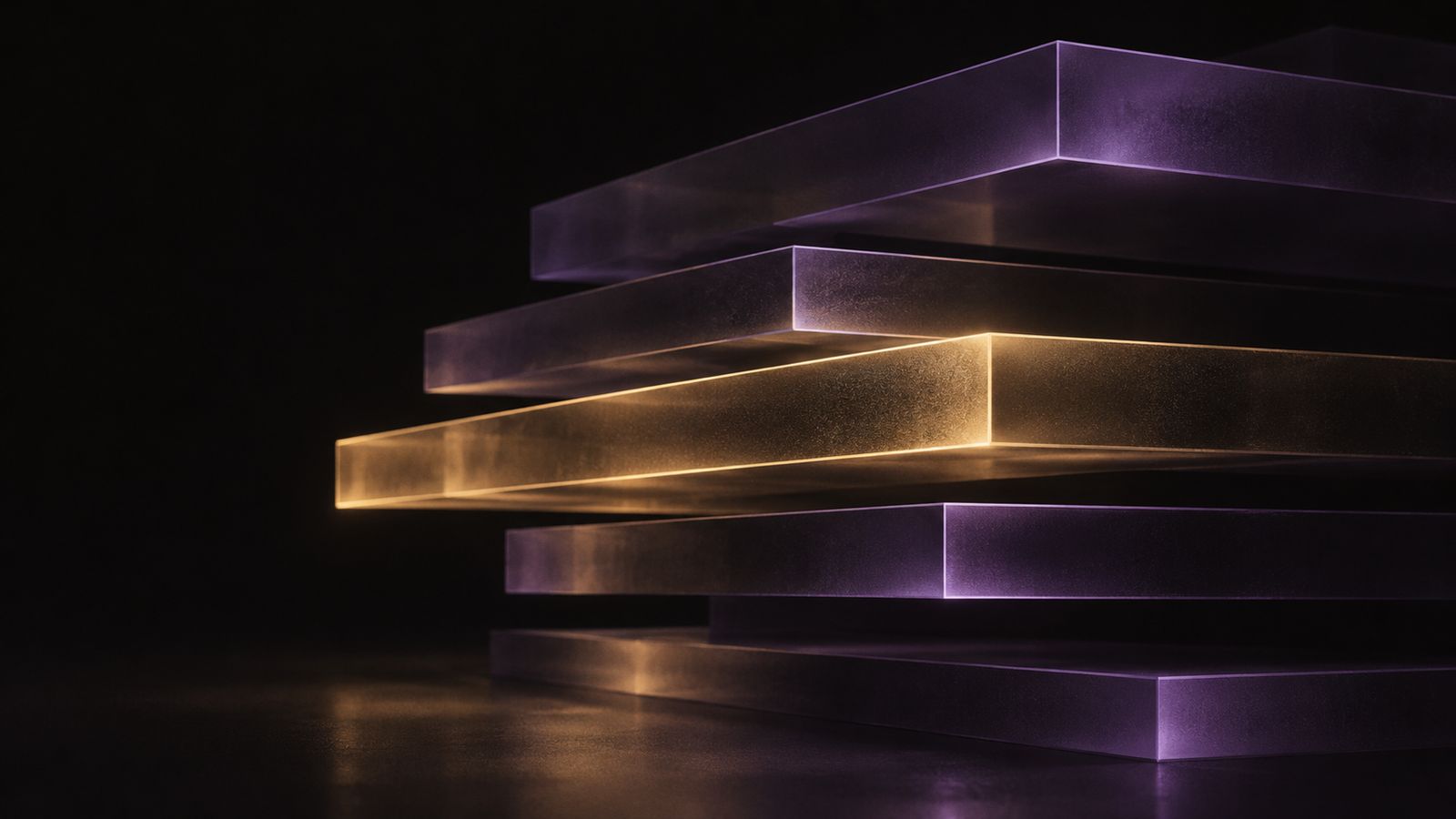 Abstract illustration: stacked translucent slabs layered like a cost breakdown, edges lit in gold