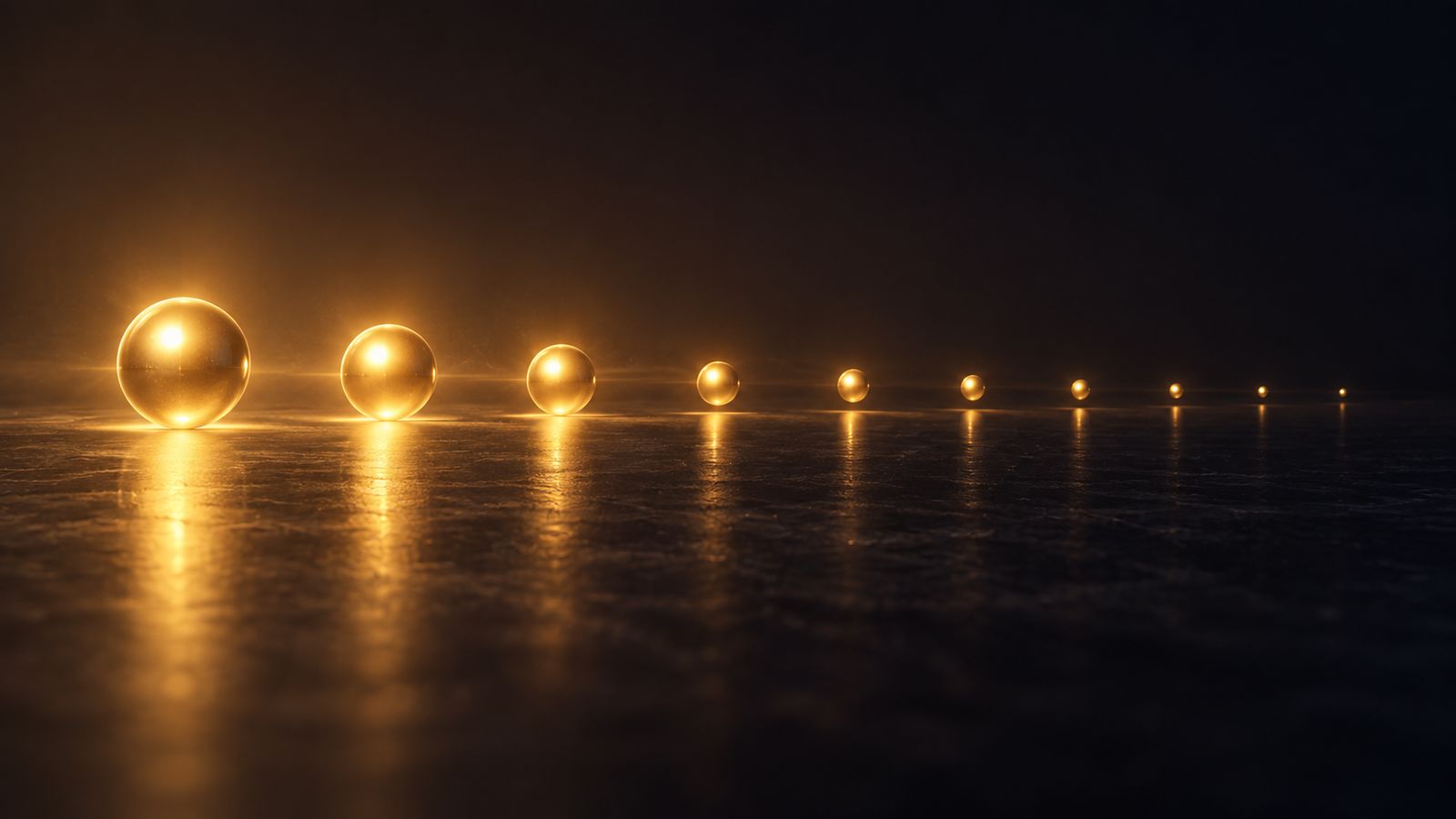 Abstract illustration: a line of glowing gold spheres receding toward the horizon